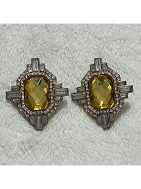 Art Deco Style Yellow Glass & Rhinestone Earrings Gold Tone pierced post